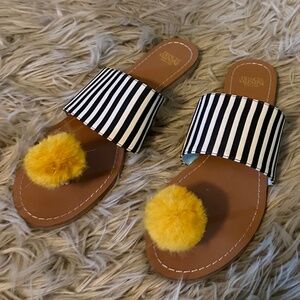 Frances Valentine Clementine Black and White Striped Sandals with Yellow Pom Pom